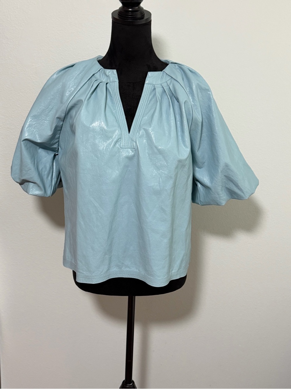 THML Puff Sleeve Faux Leather  V-Neck Top- Small